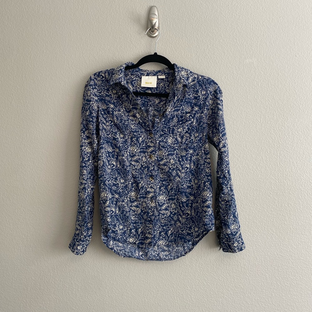 Anthropologie Maeve Petrin Button-Down Shirt/Blouse in Navy and Ivory